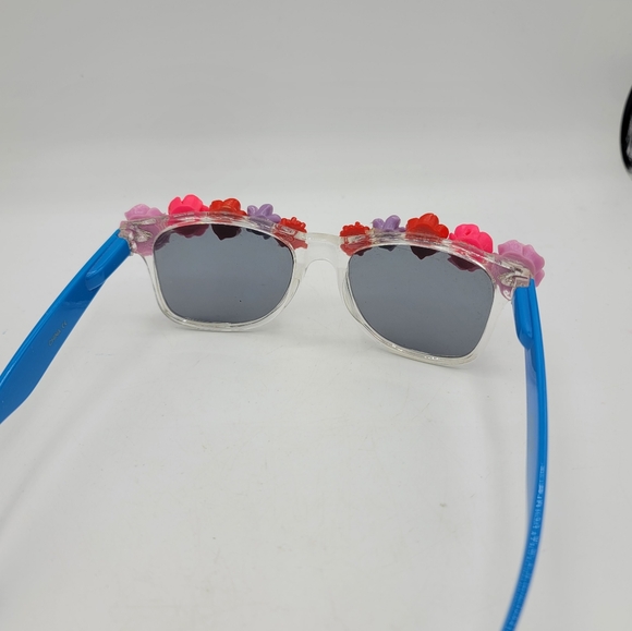 Floral Embellished Sunglasses, Blue Arms, Trendy Festival Wear - Picture 2 of 5